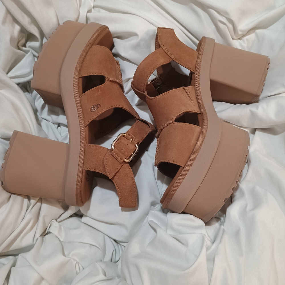 UGG New Heights Platform T-Strap Tan Sandals Size 9.5 - Picture 3 of 4